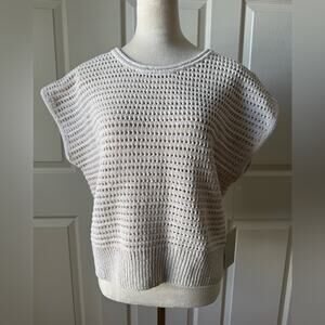 Joie NWT Ivory Open Knit Short Sleeve Sequin Sweater Womens Size L Boxy Coastal